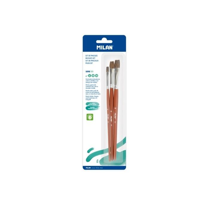 Milan 121 Pack de 3 Pinceles Planos - Formatos Surtidos - Color Madera Oscuro