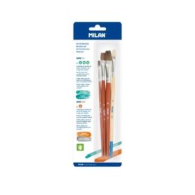 Milan 121 Pack de 3 Pinceles Planos - Formatos Surtidos - Incluye 1 Pincel Serie 524 Numero 8 - Color Madera Oscuro