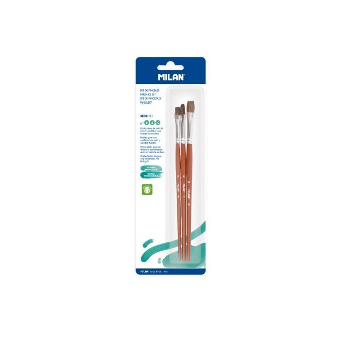 Milan 121 Pack de 3 Pinceles Planos - Formatos Surtidos - Color Madera Oscuro
