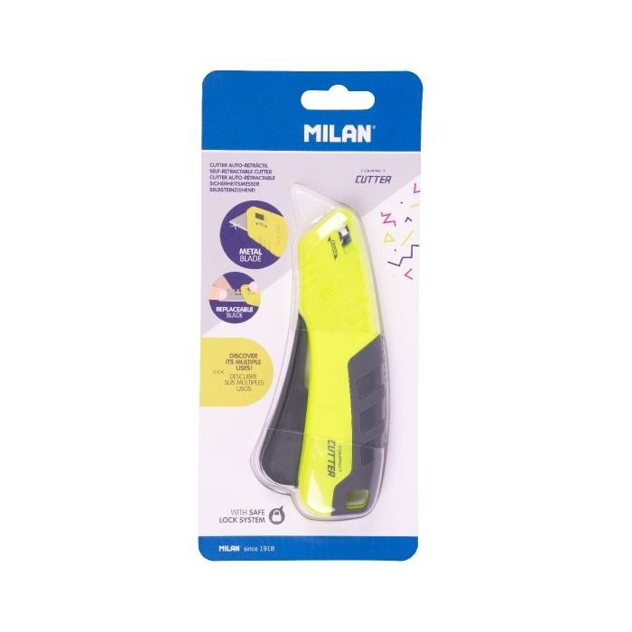 Milan Compact Acid Cuter Autoretractable - Hoja Ceramica Reemplazable - Bloqueo de Seguridad - Ergonomico - Color Amarillo