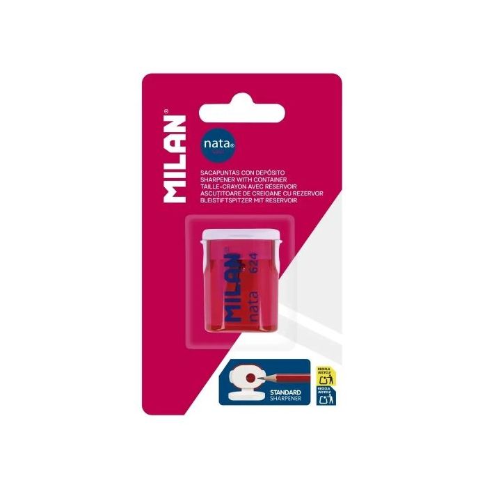 Milan Nata® 624 Sacapuntas con Deposito - Cuchilla de Acero - Color Rosa/Blanco
