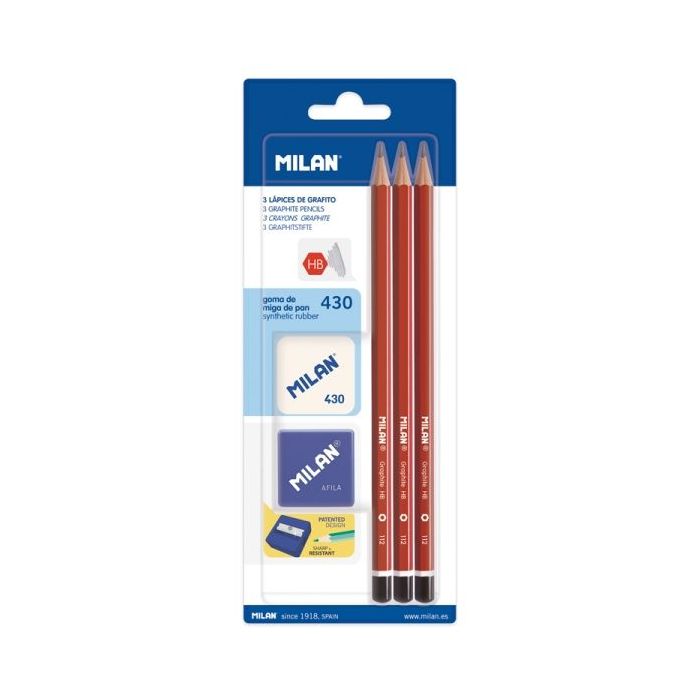 Milan Pack de 3 Lapices HB + Sacapuntas + Goma de Borrar 430 - Hexagonales - Color Rojo