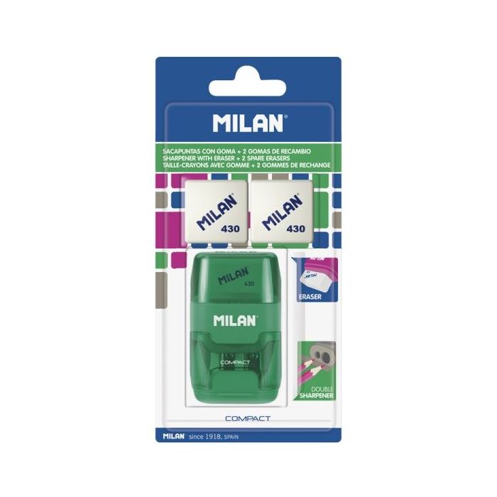 Milan Compact Afilaborra - 2 Gomas de Recambio - Cuchilla de Acero de Seguridad - Doble Agujero para Normal y Maxi - Colores Surtidos
