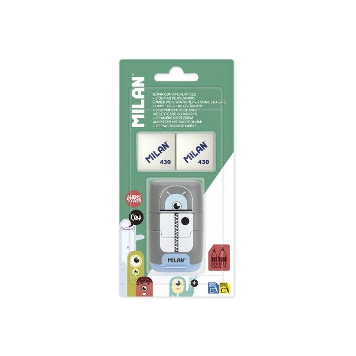 Milan Compact Aliens Afilaborra - 2 Gomas de Recambio - Cuchilla de Acero de Seguridad - Doble Agujero para Normal y Maxi - Colores Surtidos