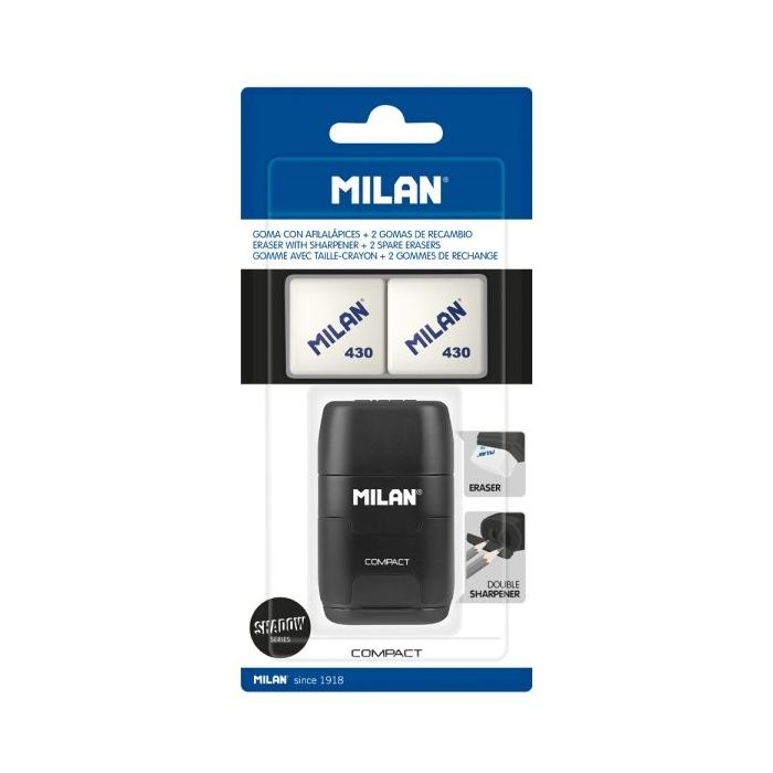 Milan Compact Shadow Afilaborra - 2 Gomas de Recambio - Cuchilla de Acero de Seguridad - Doble Agujero para Normal y Maxi - Color Negro