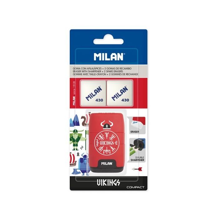 Milan Compact Vikings Afilaborra - 2 Gomas de Recambio - Cuchilla de Acero de Seguridad - Doble Agujero para Normal y Maxi - Colores Surtidos