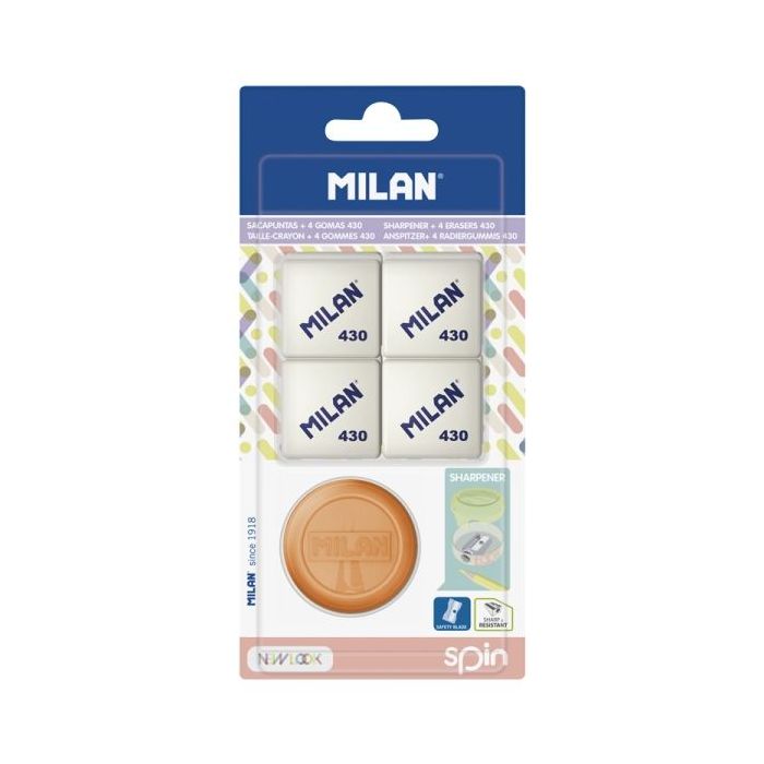 Milan Spin New Look Pack de Sacapuntas + 4 Gomas 430 - Colores Surtidos