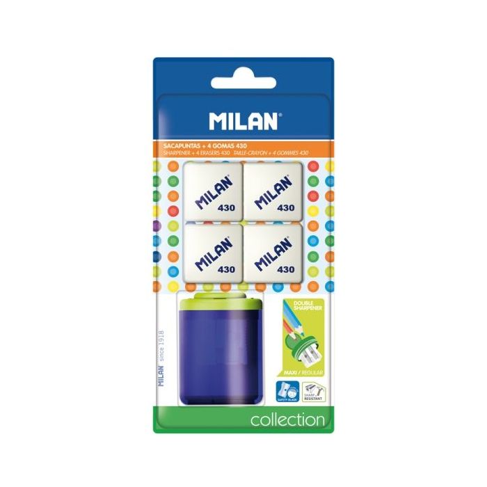 Milan Collection Pack de Sacapuntas + 4 Gomas 430 - Colores Surtidos