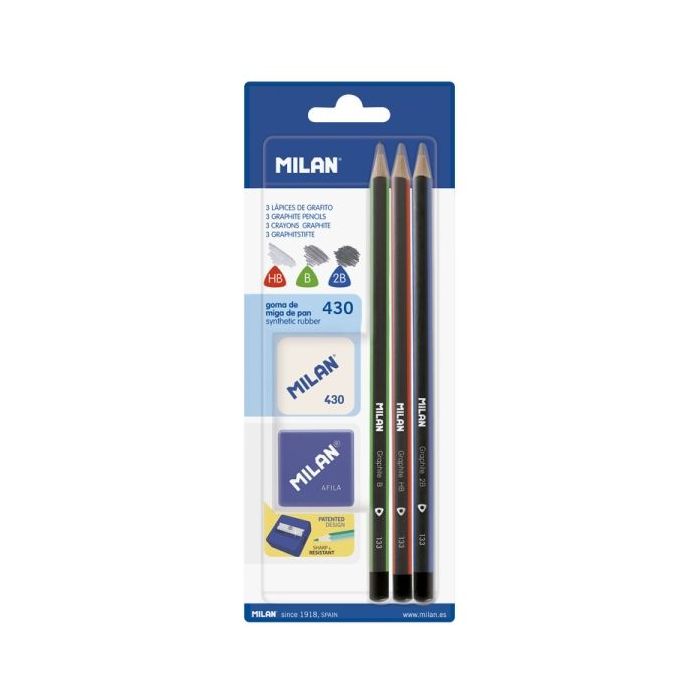 Milan Pack de 3 Lapices + Sacapuntas + Goma de Borrar - Triangulares - Durezas Surtidas - Colores Surtidos