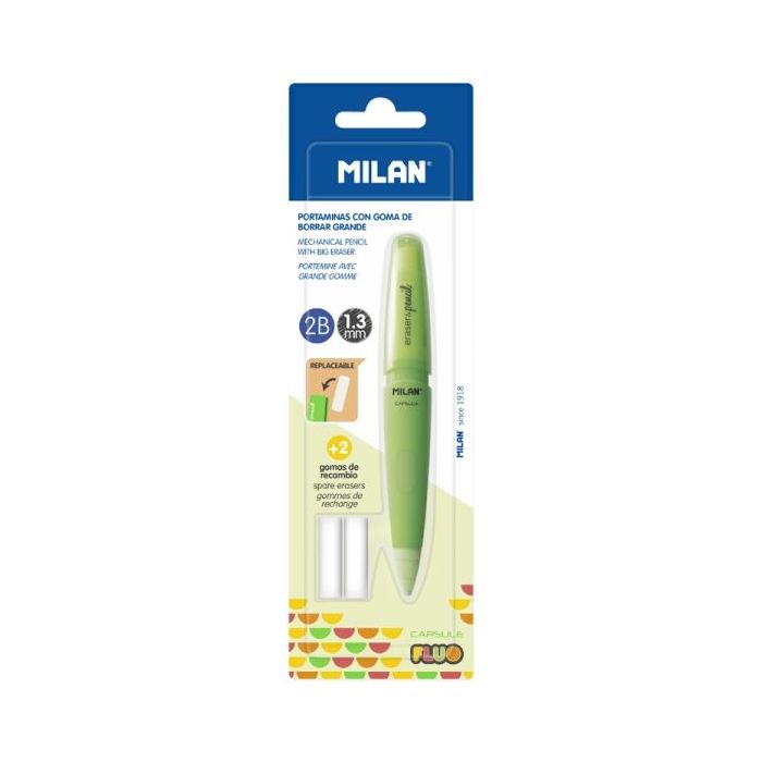 Milan Capsule Fluo Portaminas 1.3mm - Incluye 2 Gomas de Recambio - Colores Surtidos