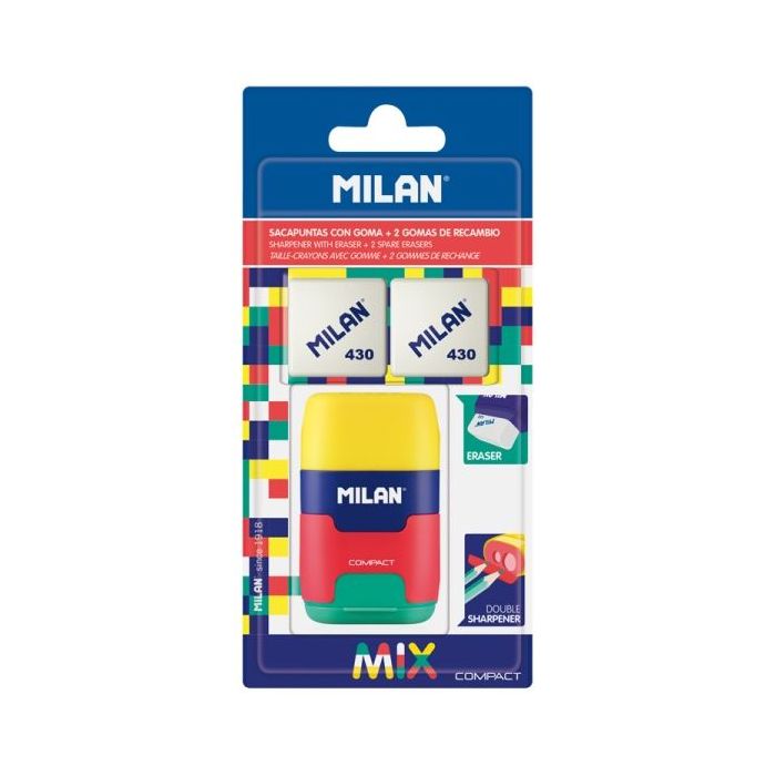 Milan Compact Mix Afilaborra - 2 Gomas de Recambio - Cuchilla de Acero de Seguridad - Doble Agujero para Normal y Maxi - Colores Surtidos