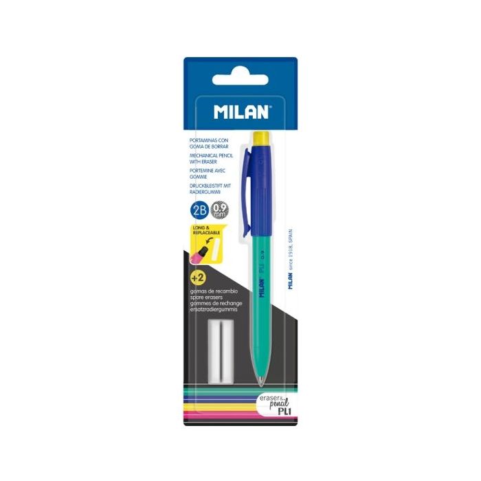 Milan Pl1 Portaminas 0.9mm - Incluye 2 Gomas de Recambio - Colores Surtidos