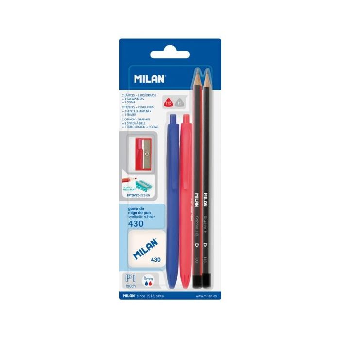 Milan P1 Touch Pack de 2 Boligrafos + 2 Lapices + Goma 430 + Sacapuntas - Tinta Azul y Roja - Durezas HB y H - Colores Surtidos