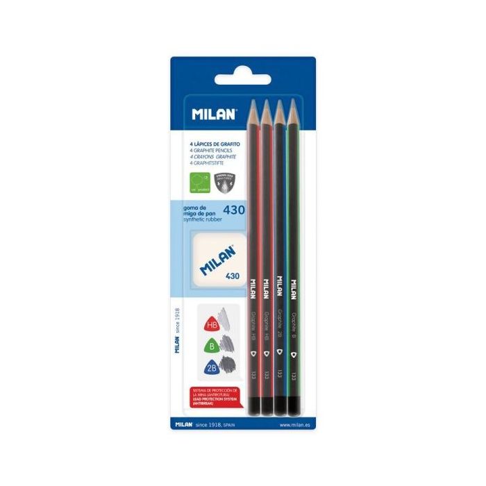 Milan Pack de 4 Lapices + Goma de Borrar 430 - Triangulares - Durezas Surtidas - Colores Surtidos