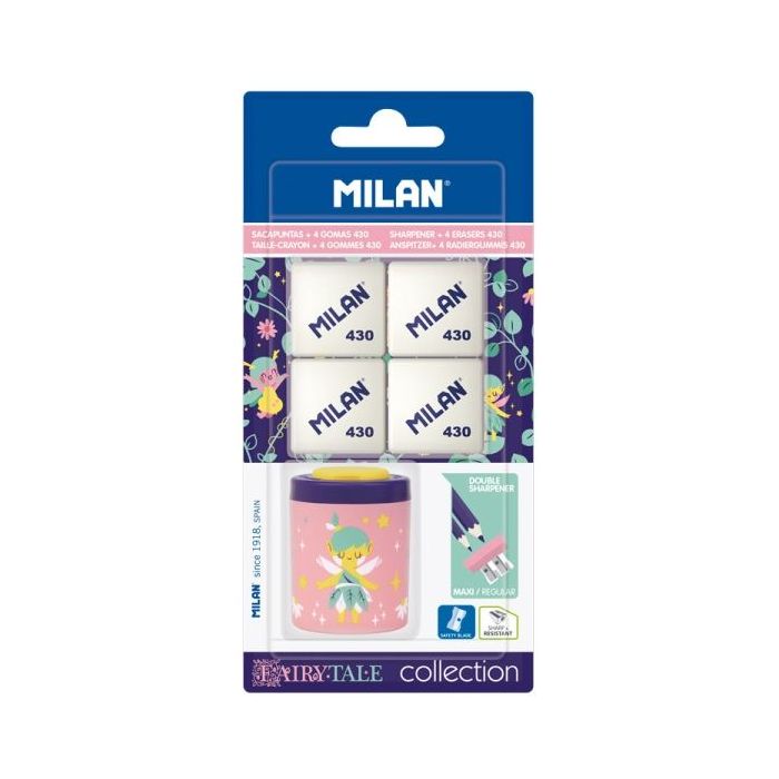 Milan Collection Fairy Tale Pack de Sacapuntas + 4 Gomas 430 - Colores Surtidos
