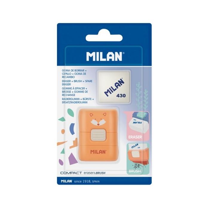 Milan Compact Fun Animals Goma de Borrar con Cepillo - Incluye Recambio - Colores Surtidos