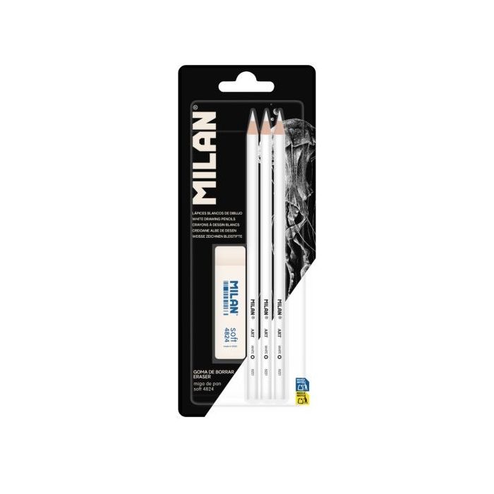 Milan Pack de 3 Lapices + 1 Goma para Dibujo - Mina Blanca para Papel Oscuro - Miga de Pan Flexible - Color Blanco