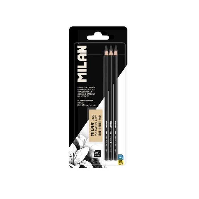 Milan Art Pack de 3 Lapices de Carboncillo + Goma The Master Gum - Color Negro