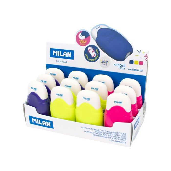 Milan School Expositor con 12 Gomas con Funda Protectora - Miga de Pan - Caucho Sintetico - Colores Surtidos