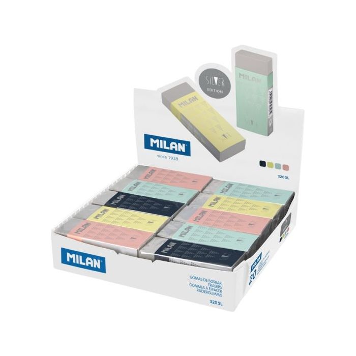 Milan Nata 320 Silver Expositor con 20 Gomas de Borrar - Color Plata