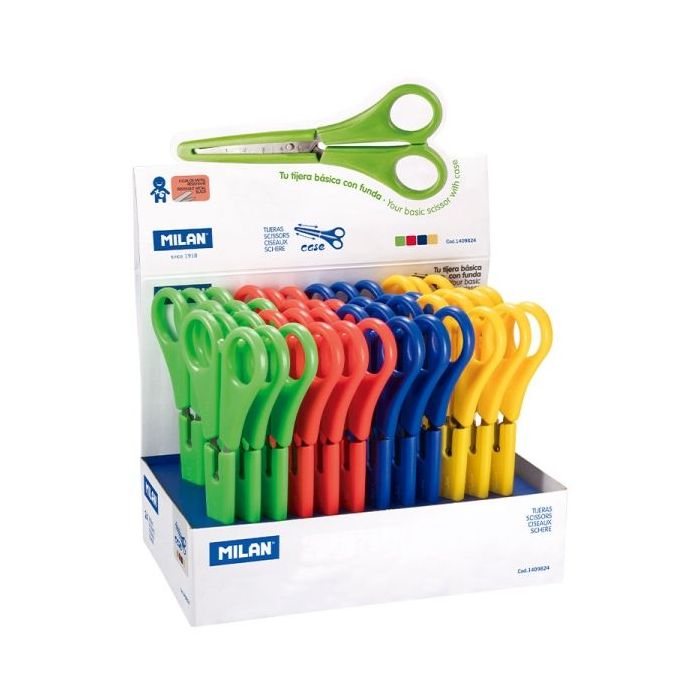 Milan Expositor con 24 Tijeras con Funda - Regla Integrada de 5cm - Punta Redondeada - Acero Inoxidable de 14.7cm - Colores Surtidos