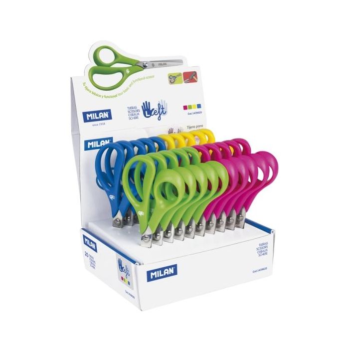 Milan Expositor con 20 Tijeras para Zurdos - Mango Ergonomico - Punta Redondeada - Acero Inoxidable de 14cm - Colores Surtidos