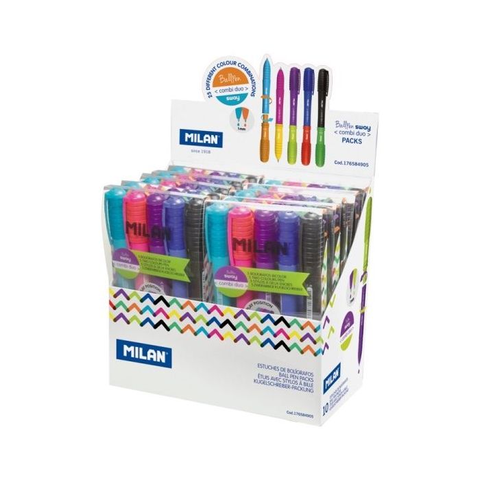 Milan Sway Combi Duo Expositor con 10 Estuches de 5 Boligrafos de Bola Retractiles - Punta Redonda 1mm - Doble Punta Intercambiable - Colores Surtidos
