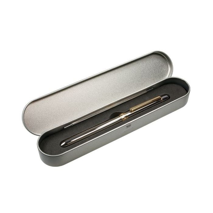 Milan Caja Metalica con Boligrafo Multifuncion - Boligrafo Azul - Boligrafo Rojo - Portaminas - Goma de Borrar - Color Plata