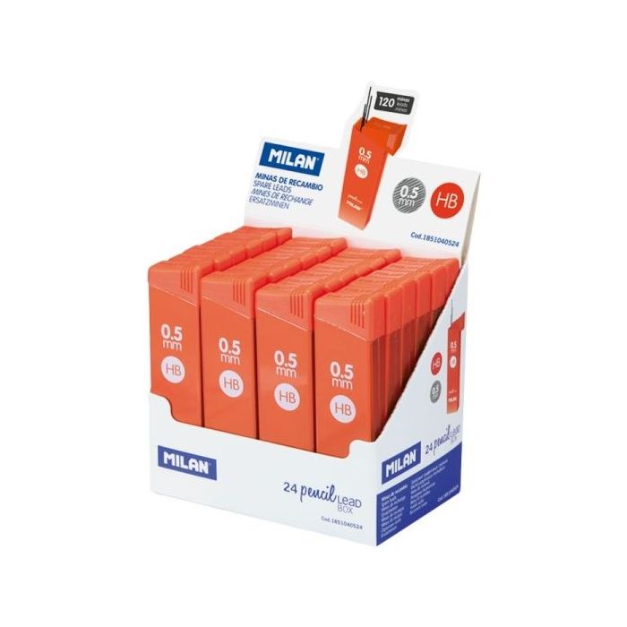 Milan Expositor con 24 Cajas de 120 Minas 0.5mm - Dureza HB - Color Naranja