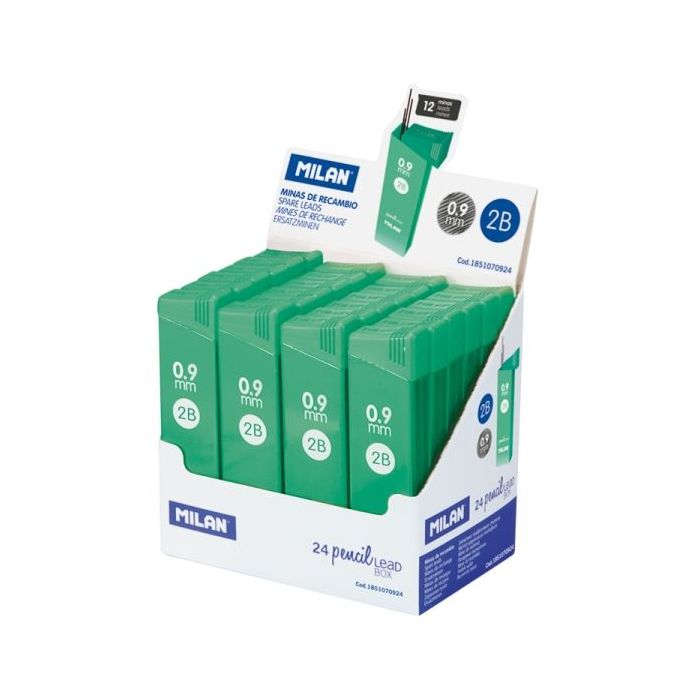 Milan Expositor con 24 Cajas de 12 Minas Grafito 0.9mm - Dureza 2B - Color Verde