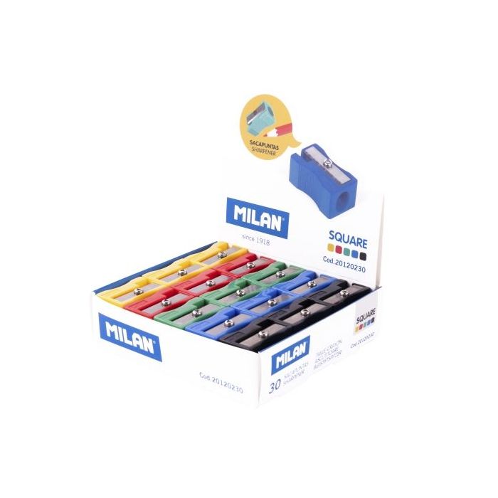Milan Basic Expositor con 30 Sacapuntas - Sin Deposito - Cuchilla de Acero de Seguridad - Colores Surtidos