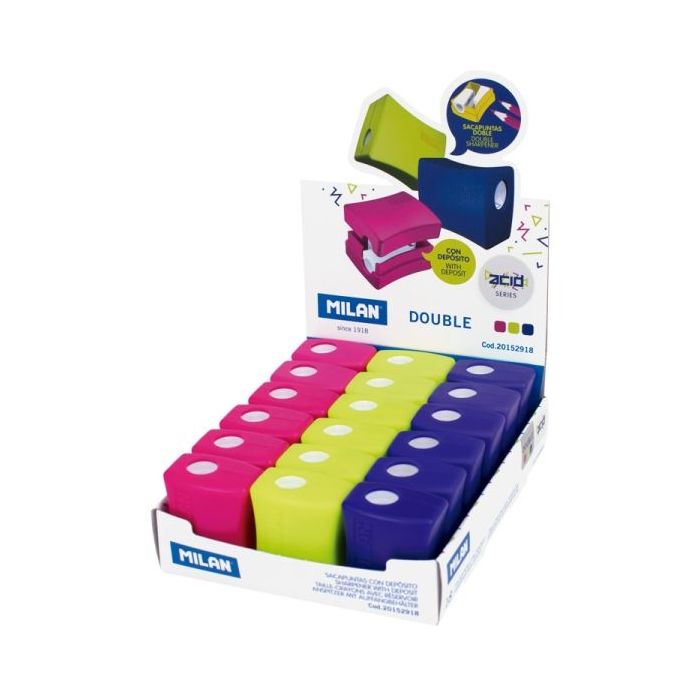Milan Double Acid Expositor con 18 Sacapuntas - Regular y Maxi - Deposito Integrado - Cuchilla de Acero de Seguridad - Colores Surtidos