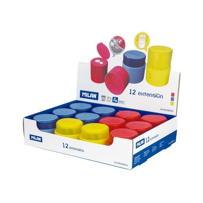 Milan Extension Expositor con 12 Sacapuntas Doble - Regular y Maxi - Deposito Integrado - Cuchilla de Acero de Seguridad - Colores Surtidos