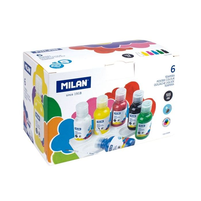 Milan Pack de 6 Botellas de Tempera - 125ml por Unidad - Incluye Pincel - Mezclable - Secado Rapido - Colores Surtidos