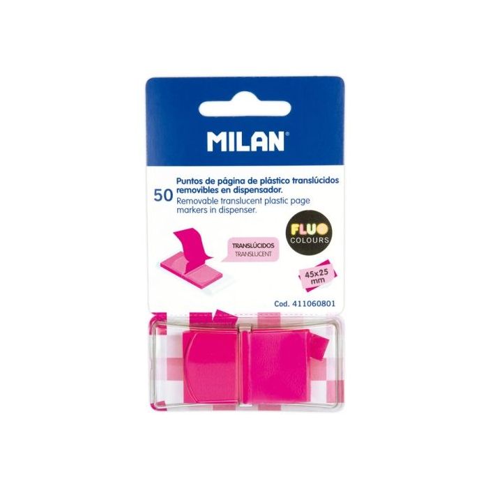Milan Fluo Dispensador 50 Marcadores Reposicionables - Translucidos - 45x25mm - Color Rosa