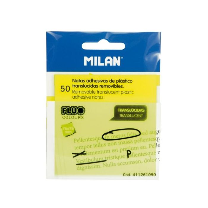 Milan Fluo Pack de 50 Notas Adhesivas - Translucidas - Removibles - 76x76mm - Color Amarillo