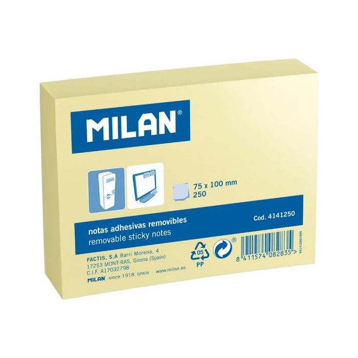 Milan Pack de 250 Notas Adhesivas - 75x100mm - Color Amarillo
