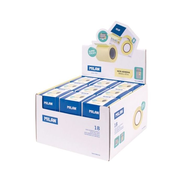 Milan Expositor con 18 Rollos Dispensadores de Banda de Papel Adhesivo - Arista para Cortes Precisos - 5Cmx10m - Color Amarillo Pastel
