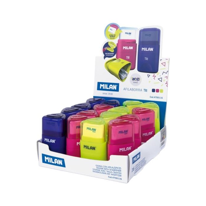 Milan Tri Acid Expositor con 16 Afilaborras - Goma Triangular - Deposito Integrado - Cuchilla de Acero de Seguridad - Colores Surtidos