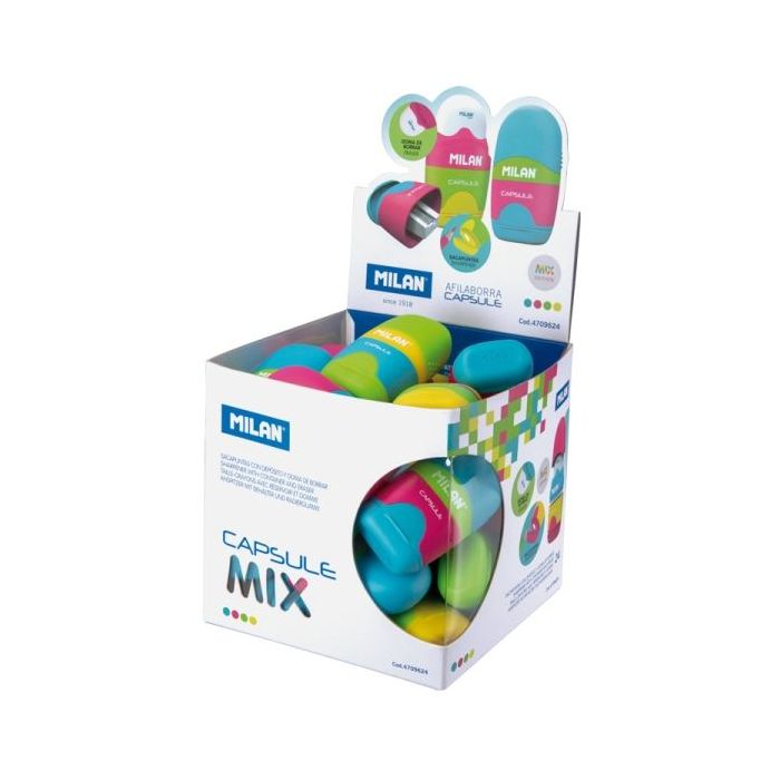 Milan Capsule Mix Expositor con 24 Afilaborras - Goma Miga de Pan - Deposito Integrado - Cuchilla de Acero de Seguridad - Colores Surtidos