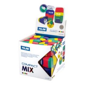 Milan Compact Mix Expositor con 24 Afilaborras - Goma Miga de Pan - Deposito Integrado - Cuchilla de Acero de Seguridad - Colores Surtidos