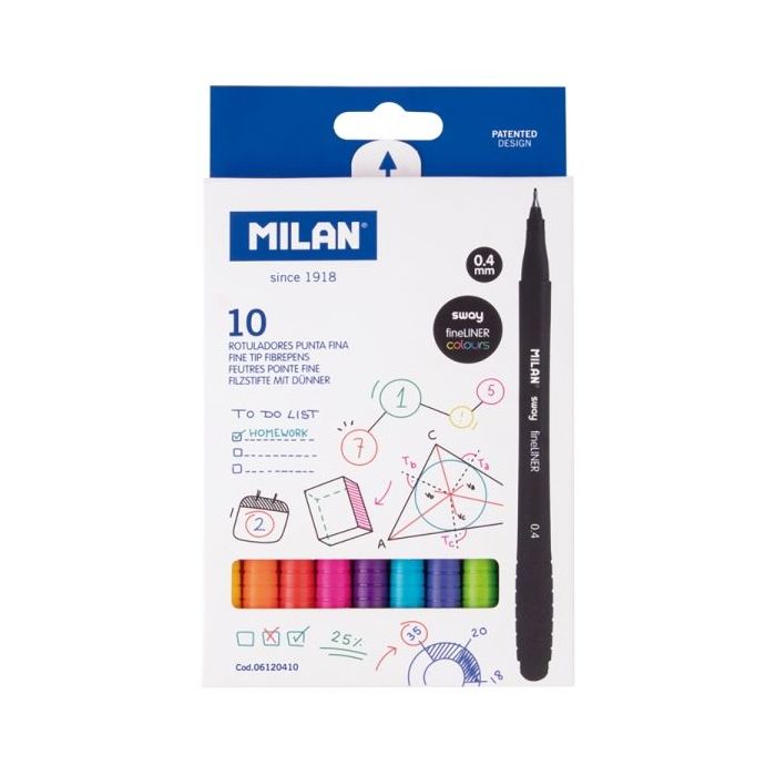 Milan Sway Fineliner Pack de 10 Rotuladores - Tinta al Agua - Punta Fina 0.4mm - Colores Surtidos