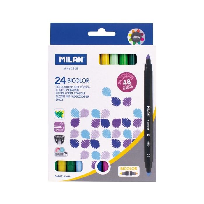 Milan Pack de 24 Rotuladores Bicolor - Tinta al Agua - Punta Conica de 5mm - Colores Surtidos
