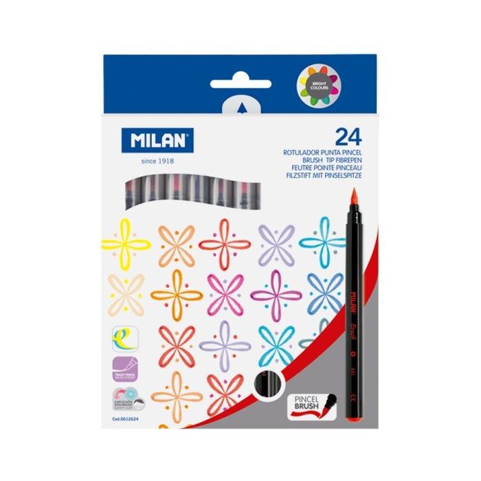 Milan Pack de 24 Rotuladores Punta Pincel - Tinta al Agua - Punta de Pincel 0.5 a 4mm - Colores Surtidos