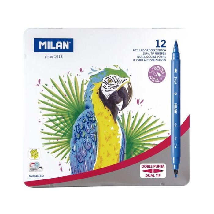 Milan Pack de 12 Rotuladores Doble Punta - Caja Metalica - Punta Fina 2mm - Pincel 0.5 a 4mm - Colores Surtidos