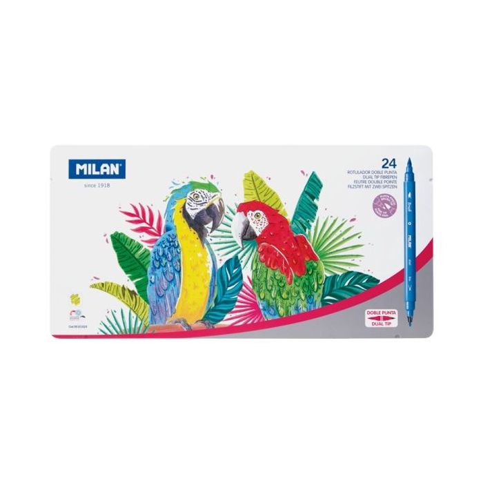 Milan Pack de 24 Rotuladores Doble Punta Fina - Pincel - Caja Metalica - Punta Fina 2mm - Pincel 0.5 a 4mm - Colores Surtidos