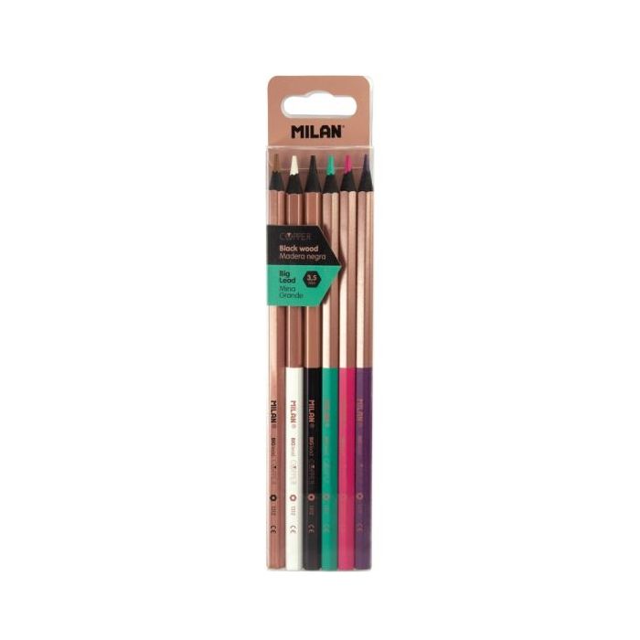 Milan Copper Pack de 6 Lapices de Colores - Madera Negra - Mina Gruesa - Hexagonales - Colores Surtidos