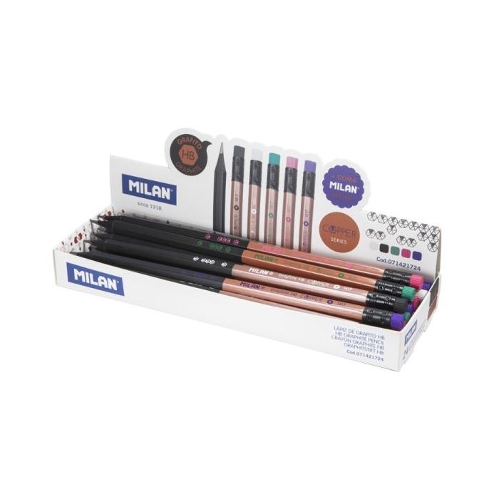 Milan Copper Expositor con 24 Lapices de Grafito HB - con Goma - Colores Surtidos