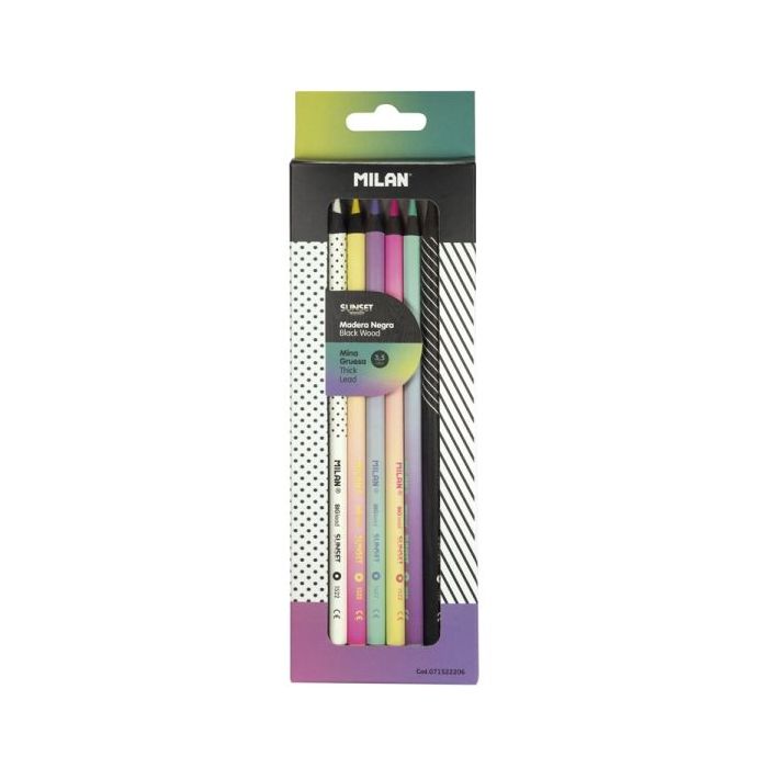 Milan Sunset Pack de 6 Lapices de Colores - Madera Negra - Mina Gruesa - Redondos - Colores Surtidos