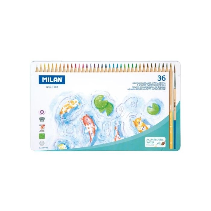 Milan Pack de 36 Lapices de Colores Acuarelables - Caja Metalica - Mina Gruesa - Incluye Pincel - Colores Surtidos